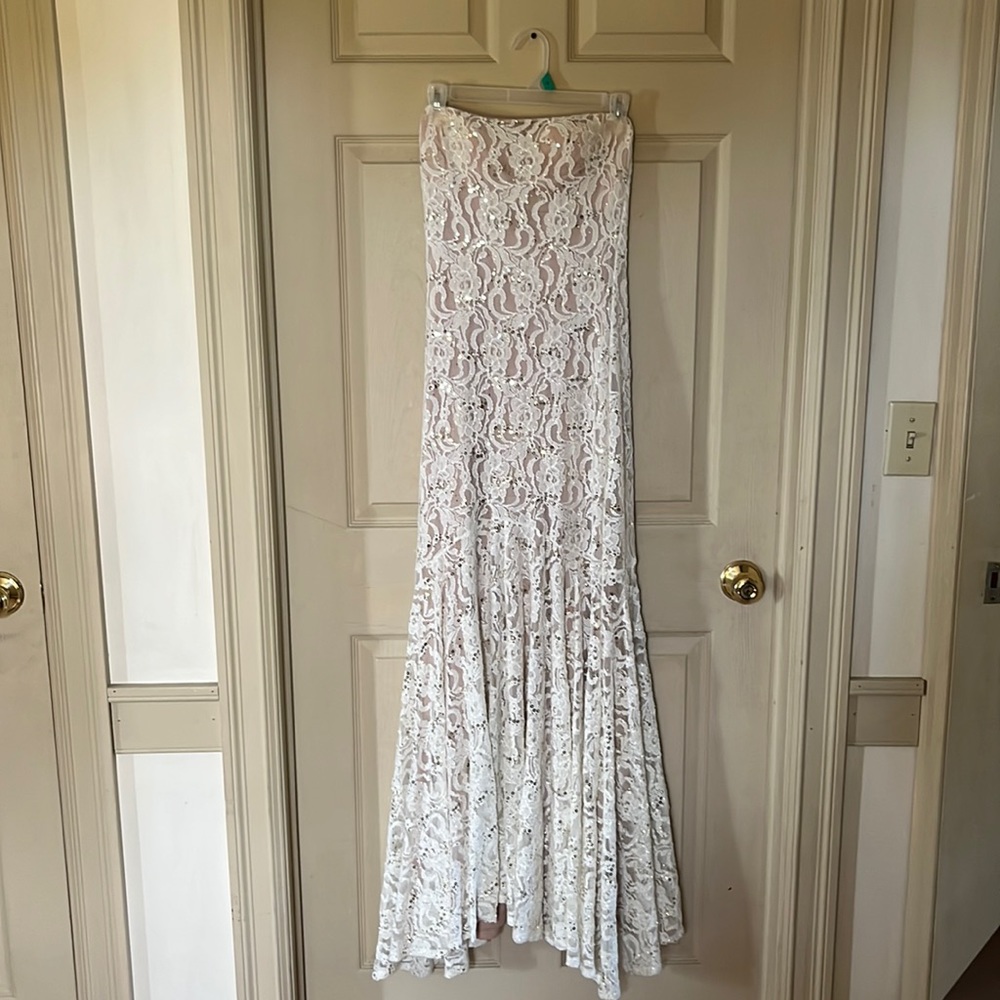 Strapless White Prom Dress with Gold Sequins